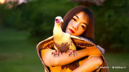 Young Woman Connects with Majestic Garuda Bird in Serene Setting – AI Generated Video | Hailuo AI