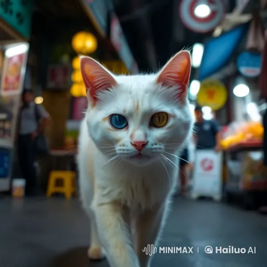 Khao Manee Cat Strolls Through Vibrant Bangkok Night Market – AI Generated Video | Hailuo AI