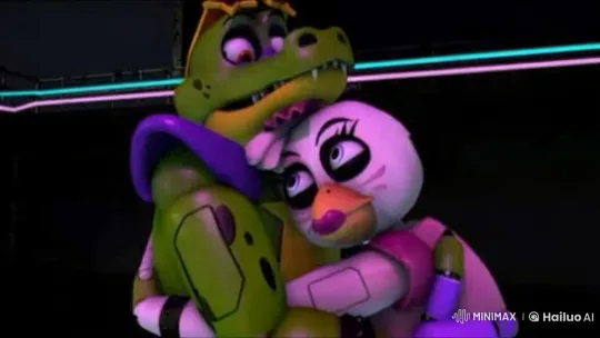 Glamrock Monty Gator and Chica Share an Affectionate Embrace – AI Generated Video | Hailuo AI