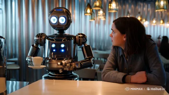 Futuristic Robot Waiter Struggles in Café Setting – AI Generated Video | Hailuo AI