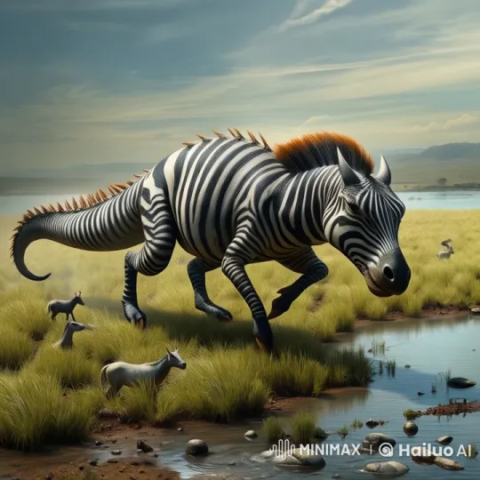 Fantastical Zebra-Dinosaur in Serene Grassland Setting – AI Generated Video | Hailuo AI