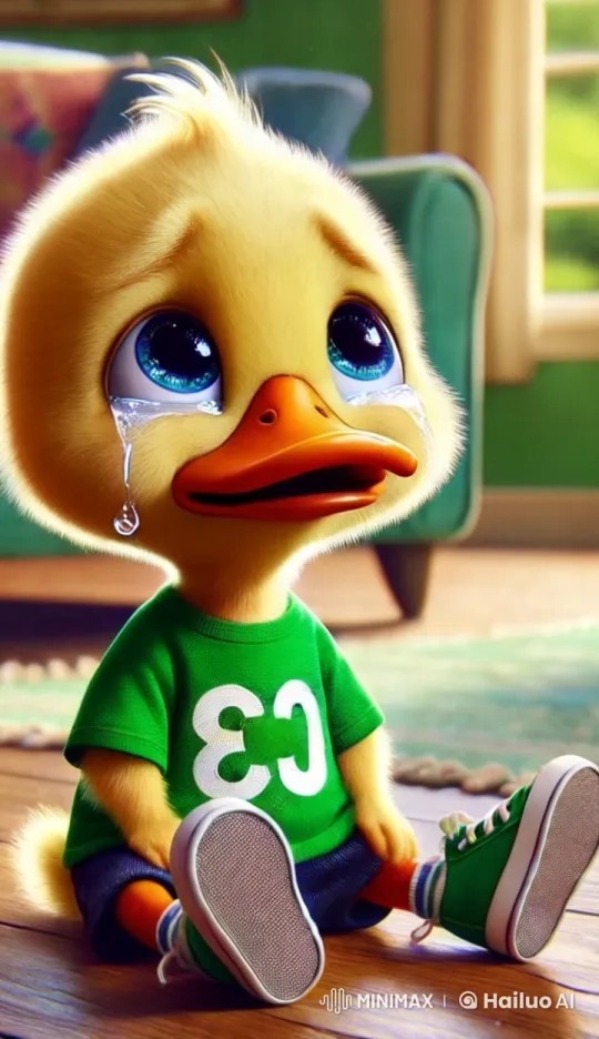 Sad Duckling in Living Room: Emotional Scene with Tears and Gentle Rocking – AI Generated Video | Hailuo AI