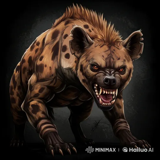 Fierce Hyena Advances with Menacing Gait in Dark Background – AI Generated Video | Hailuo AI