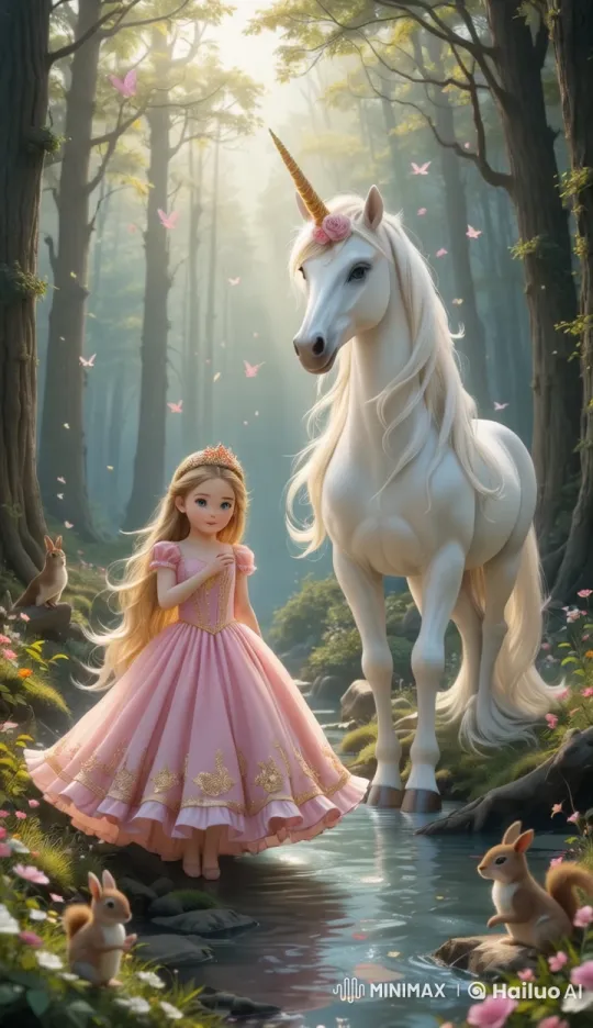 Princess Meets Majestic Unicorn in Enchanted Forest – AI Generated Video | Hailuo AI