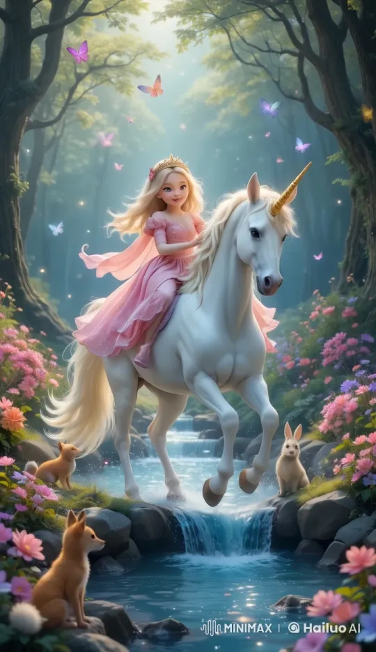 Princess and Unicorn in Enchanted Forest Delight – AI Generated Video | Hailuo AI