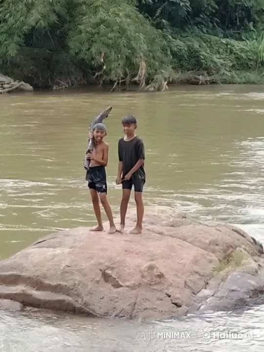 Boys Engage in Energetic Kung Fu Battle on River Rock – AI Generated Video | Hailuo AI