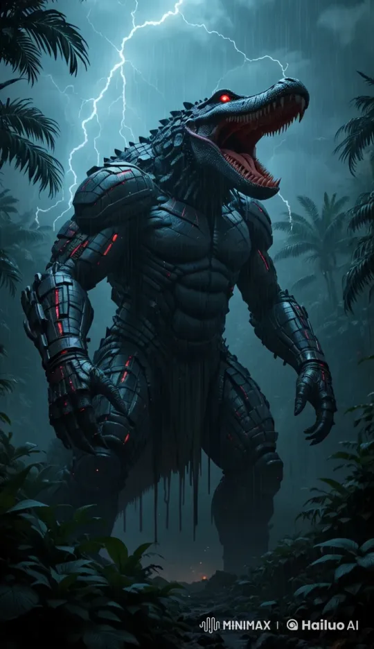 Evil Mechanical Beast Roars in Stormy Jungle – AI Generated Video | Hailuo AI