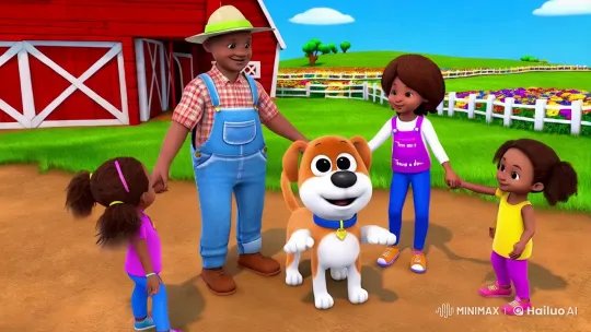 Farmyard Idyll: Farmer, Children, and Bingo Dance in Colorful Harmony – AI Generated Video | Hailuo AI