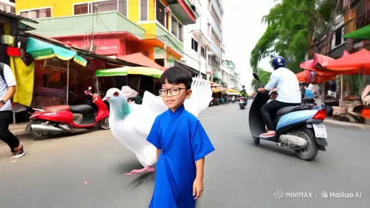 Boy Walks City Streets with Giant Enchanting Pigeon – AI Generated Video | Hailuo AI