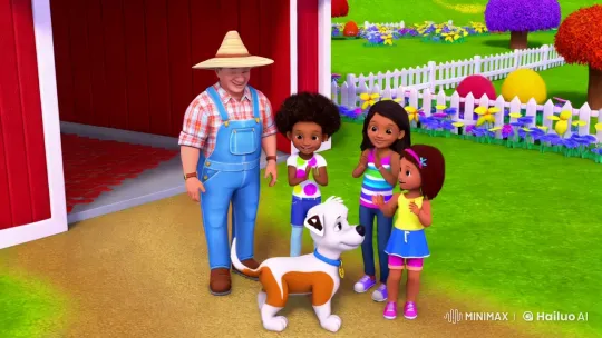 Joyful Farmyard Scene with Farmer, Children, and Bingo the Dog – AI Generated Video | Hailuo AI