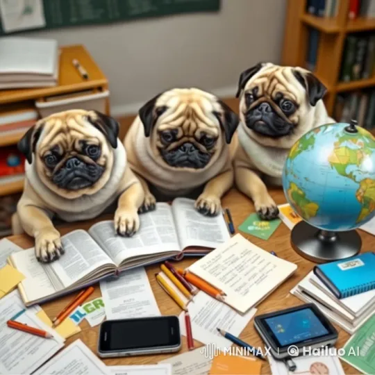 Adorable Pugs Studying in a Cluttered Desk Setting – AI Generated Video | Hailuo AI