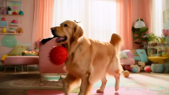 Golden Retriever and Black Cat Play in Colorful Living Room – AI Generated Video | Hailuo AI