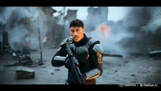 Futuristic Soldier Advances Through Slow-Motion Chaos – AI Generated Video | Hailuo AI