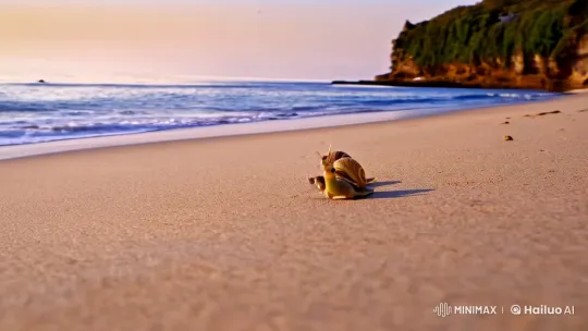 Snails Stroll on Sunlit Beach with Serene Camerawork – AI Generated Video | Hailuo AI