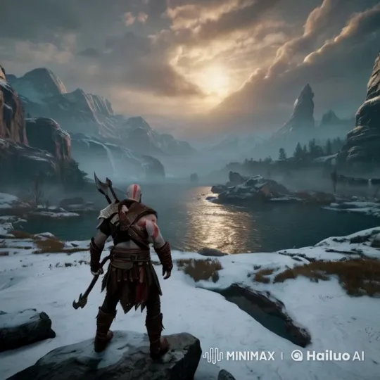 Warrior Overlooking River in Snowy Sunset Landscape – AI Generated Video | Hailuo AI