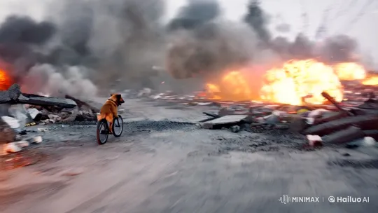 Dog on Bicycle Navigates War Zone in Dynamic Clip – AI Generated Video | Hailuo AI