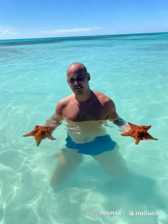 Man Dancing with Starfish in Serene Beach Setting – AI Generated Video | Hailuo AI