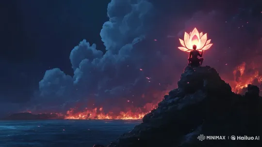 Bajrangbali Observes Fiery Night Explosion on Mountain – AI Generated Video | Hailuo AI