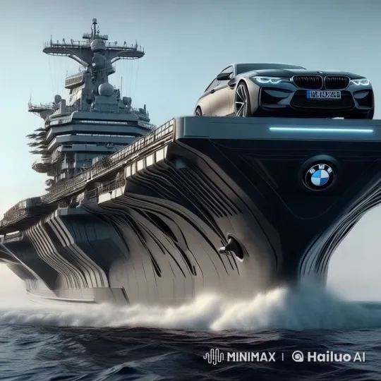 Futuristic BMW-Branded Aircraft Carrier Sails in Storm – AI Generated Video | Hailuo AI