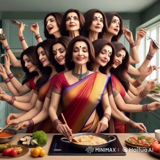 Six-Headed Indian Woman Multitasks in Live2D Kitchen Scene – AI Generated Video | Hailuo AI