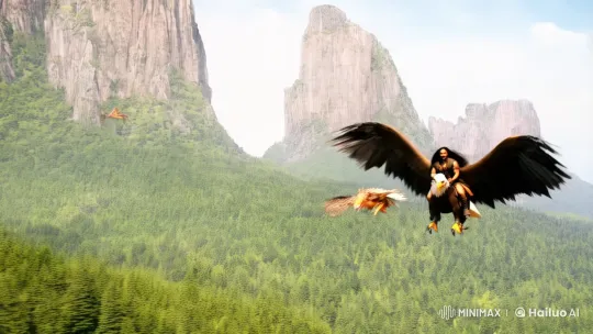 Man on Giant Eagle Chases Dragon in Mystical Landscape – AI Generated Video | Hailuo AI