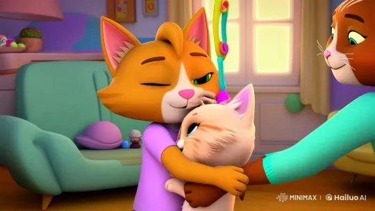 Cozy Animated Scene: Affectionate Kitten and Family – AI Generated Video | Hailuo AI