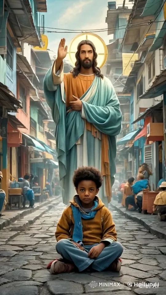 Jesus Blesses Child Amidst Miraculous Light on Bustling Street – AI Generated Video | Hailuo AI