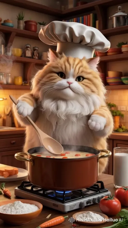 Chubby Cat Chef Cooks with Precision in Cozy Kitchen – AI Generated Video | Hailuo AI
