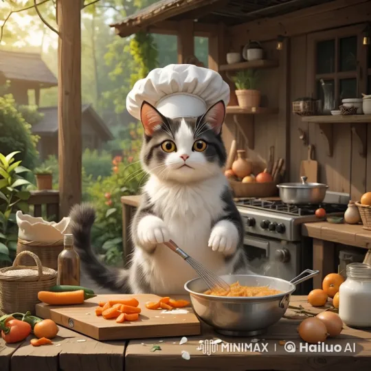 Cat Chef Whisking Meal in Sunlit Outdoor Kitchen – AI Generated Video | Hailuo AI