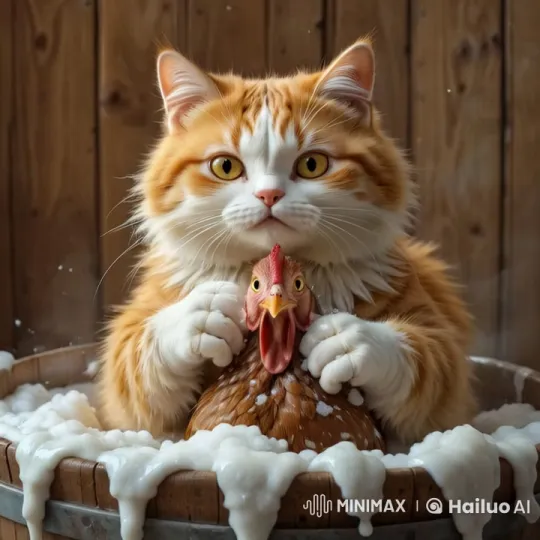 Cat Gently Baths Surprised Chicken in Soap Foam – AI Generated Video | Hailuo AI