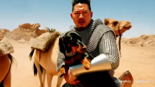 Asian Man Protects Dog Amidst Explosive Desert Chase – AI Generated Video | Hailuo AI