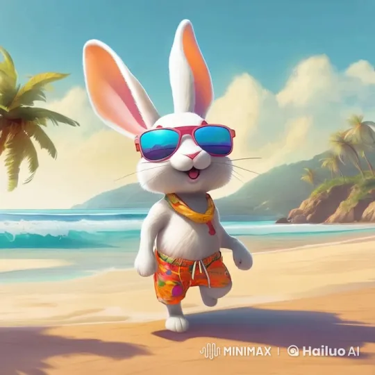 White Rabbit in Sunglasses Strolls on a Sunny Beach – AI Generated Video | Hailuo AI