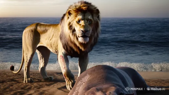 Lion Triumphs at Sea's Edge: A Study in Beauty and Power – AI Generated Video | Hailuo AI