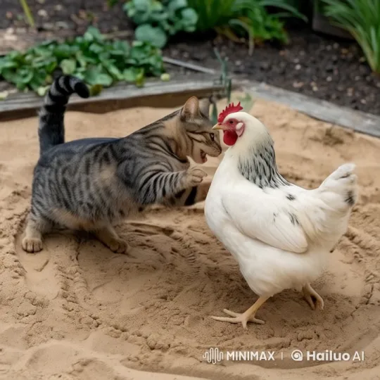 Tabby Cat and Hen Play in Animated Garden Scene – AI Generated Video | Hailuo AI