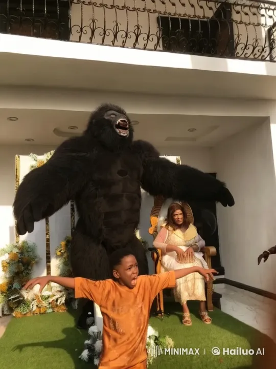 Knight Celebrates with Animatronic Gorilla Amidst Festive Setting – AI Generated Video | Hailuo AI