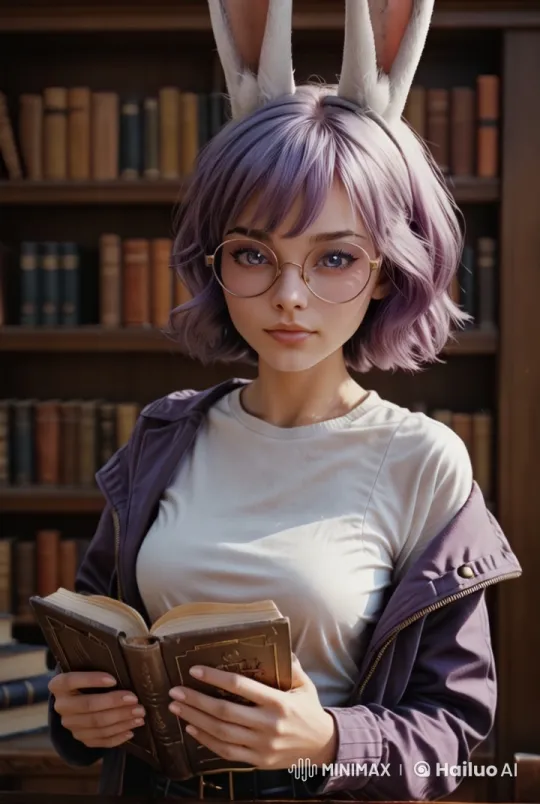 Lavender-haired Character Reads in a Book-filled Library – AI Generated Video | Hailuo AI
