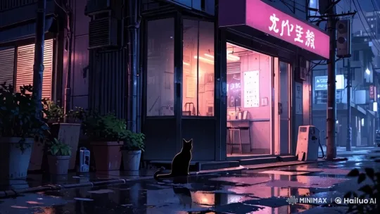 Rainy Night Alley with Animated Cat and Flickering Shop Lights – AI Generated Video | Hailuo AI