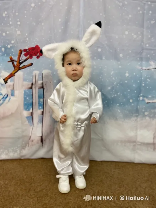 Child in Hare Costume Mimics Movement in Festive Winter Scene – AI Generated Video | Hailuo AI