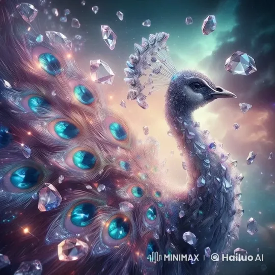 Magical Crystal-Adorned Peacock in Twilight Sky – AI Generated Video | Hailuo AI
