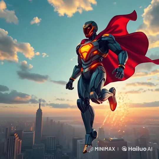 Robotic Guardian Floats Above Sunset Cityscape – AI Generated Video | Hailuo AI