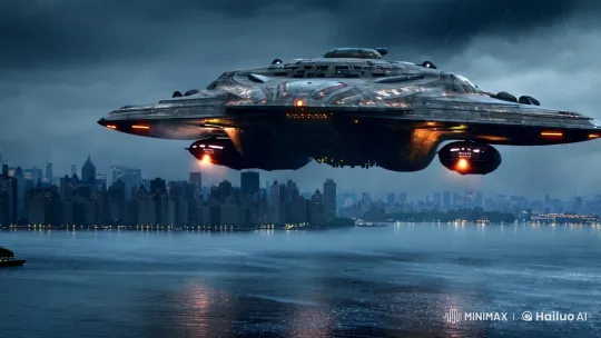 Aged Spaceship Navigates Stormy New York Skyline – AI Generated Video | Hailuo AI