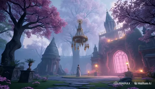 Mystical Courtyard with Enchanted Chandelier and Ethereal Figure – AI Generated Video | Hailuo AI