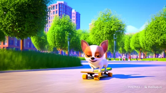 Chihuahua Excels on Skateboard in Sunlit Park – AI Generated Video | Hailuo AI