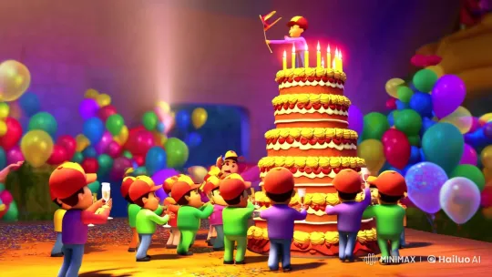 Tiny Workers Celebrate Around Giant Birthday Cake – AI Generated Video | Hailuo AI
