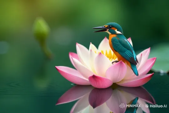 Vibrant Bird on Swaying Lotus in Tranquil Waters – AI Generated Video | Hailuo AI