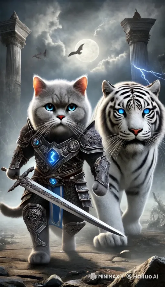 Armored Cat and Tiger Prepare for Adventure in Mystical Realm – AI Generated Video | Hailuo AI