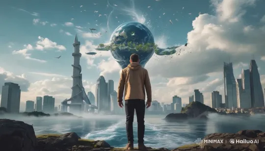 Futuristic Landscape with Man Embracing Sky – AI Generated Video | Hailuo AI