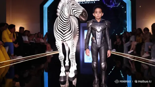 Future Fashion: Boy and Zebra-Human Hybrid Strut Runway – AI Generated Video | Hailuo AI