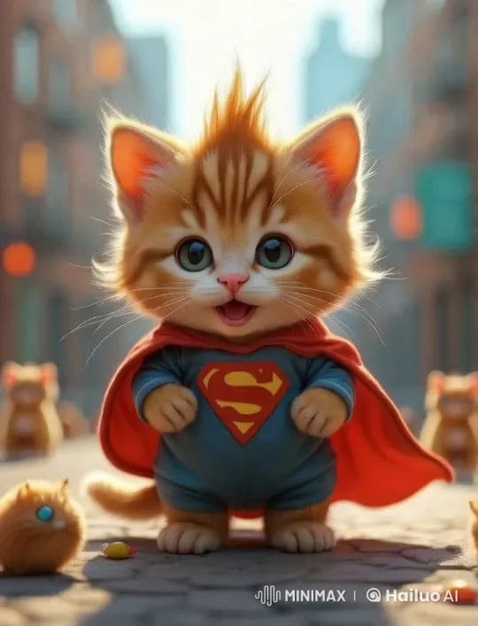 Adorable Kitten in Superman Costume Dances Cheerfully – AI Generated Video | Hailuo AI