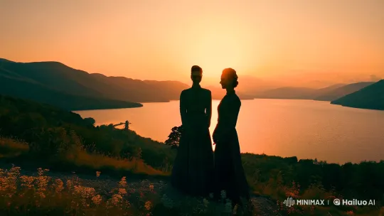 Elegant Figures in Golden Landscape Panorama – AI Generated Video | Hailuo AI